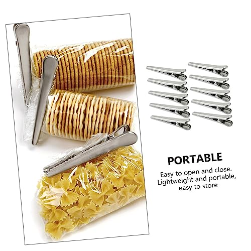 STOBOK 10pcs Stainless Steel Alligator Clip Food Storage Bag Clip Potato Chip Bag Clips Hairdresser Clips Household Food Bag Clamps Bag Sealers Clip Metal Duckbill Multipurpose