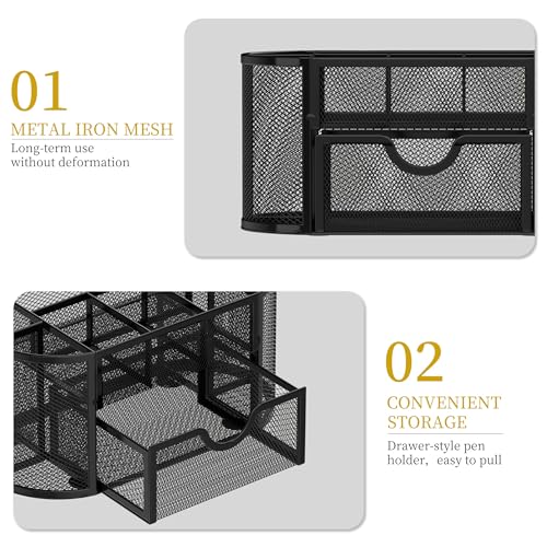 KASTWAVE Mesh Desk Organizer, Desk Organizer Stationery Storage, Pencil Holder for Desk with 9 Compartments and Mini Drawer, Wire Mesh Office Supplies Desk Accessories & Workspace Organizers (Black)