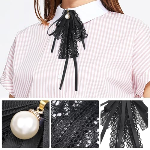 Azonee Black lace Bow Tie Brooches, Pearl Bow Brooch, for Girl Women Fashion jabot collar brooch pins Pre-Tied Neck Tie Shirt Corsage Neck Tie