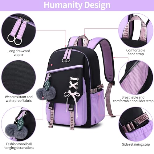 Teenage Girls Bookbag School Backpack Children Casual Daypack Schoolbag for Teens Black Purple