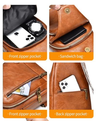 Small Sling Bag, Leather Chest Bag with Adjustable Strap, Lightweight Crossbody Backpack for Men and Women, Anti-theft PU Leather Shoulder Bag for Sports, Outdoor, Travel, Vintage Design (Brown)