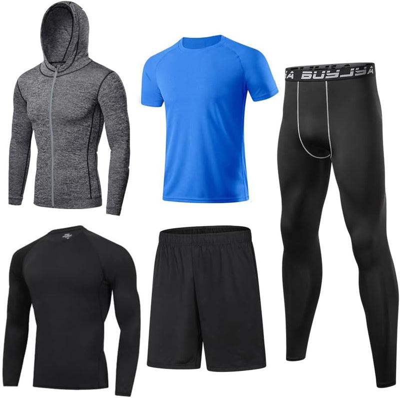 5Pcs Men's Compression Pants Shirt Top Long Sleeve Jacket Athletic Sets Gym Clothing Mens Workout Valentine's Day gift - Grey-blue