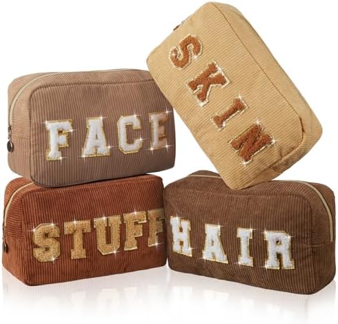 Pinkunn 4 Pcs Preppy Makeup Bags Christmas Chenille Letter Bag Face Skin Hair Stuff Cosmetic Bag Corduroy Makeup Pouch with Zipper Birthday Gifts for Women(Purple, Pink, White, Blue,Corduroy)