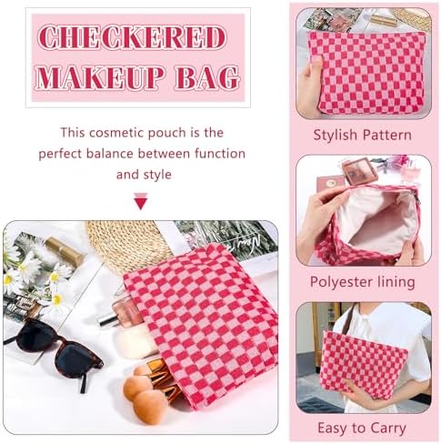 ZLFSRQ 3Pcs Checkered Makeup Bag for Women Large Cosmetic Bag Set Travel Toiletry Bag Makeup Pouch Bag for Purse Pink Zipper Storage Bag Organizer Cute Small Aesthetic Girls Car Essentials Bag