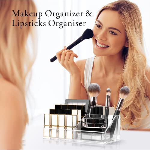 Baytion Makeup Organizer Lipsticks Organizer,Acrylic Cosmetic Storage with 16 Slots,Cosmetic Brush,Skin Care Product and Lipsticks Holder for Bathroom&Bedroom