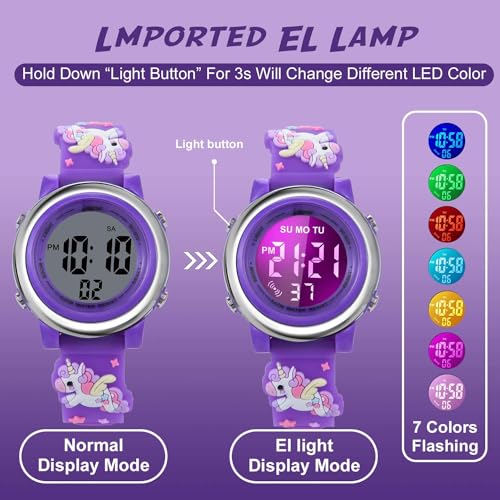 SYOSI Kids Digital Luminous Watches for Girls Boys, 3D Cute Cartoon 7 Color Lights Waterproof Sport Outdoor LED Electronic Wrist Watch with Alarm Stopwatch Wristwatch for 3-12 Years Children