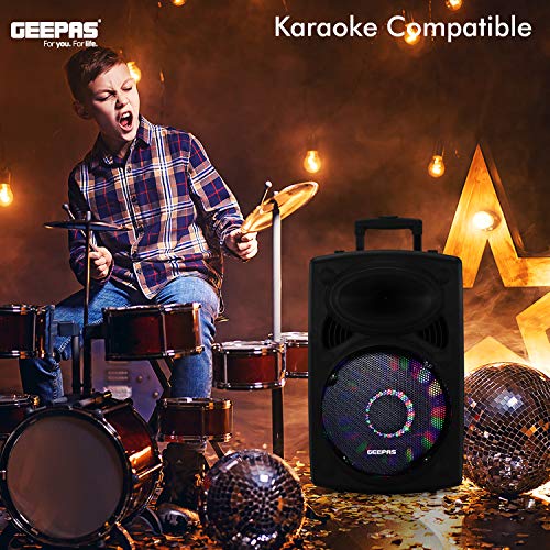 Geepas GMS8519 Rechargeable Trolley Bluetooth Speaker 40000W | 12" Woofer | with Wireless Microphones & LED Lights GMS8519 Geepas