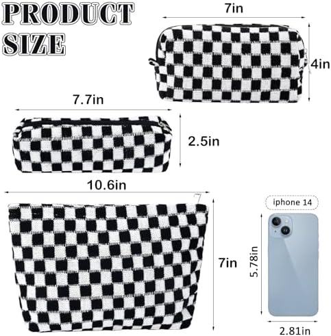ZLFSRQ 3Pcs Checkered Makeup Bag for Women Large Cosmetic Bag Set Travel Toiletry Bag Makeup Pouch Bag for Purse Pink Zipper Storage Bag Organizer Cute Small Aesthetic Girls Car Essentials Bag