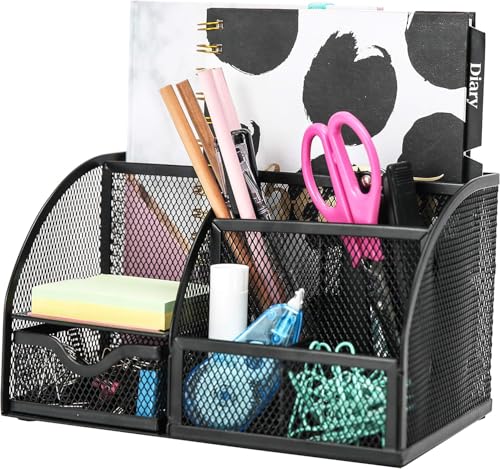 Valuxe Mesh Desk Organizer Pencil Holder with Drawer - All in One Pen Holder for Desk, Multi-Functional Caddy Pen Holder Stationery Desk Accessories Organizer for Office, Home, School, Classroom