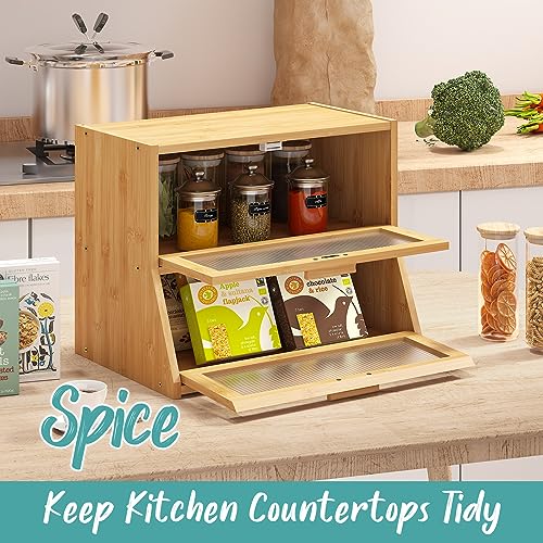 Vriccc Black Large Bread Box for Kitchen Counter, Bamboo Wooden Double Layer Large Capacity Bread Storage Bin with Acrylic Wavy Door Panel (Natural)