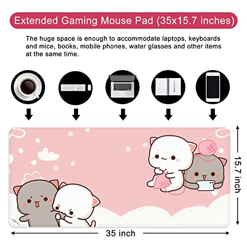 Amrgik Pink Cat XXL Kawaii Gaming Mouse Pad Animal Theme 35x15.7x0.12 inch Women Large Mouse Pad for Desk with Personalized Design for Laptop, Computer PC