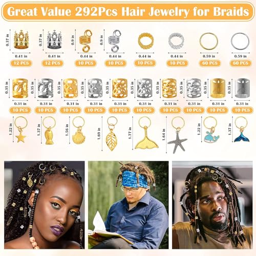 Beauenty 292PCS Gold Hair Accessories for Braids, Beads for Extensions, Stylish Hair Jewelry with Gold Hair Clips