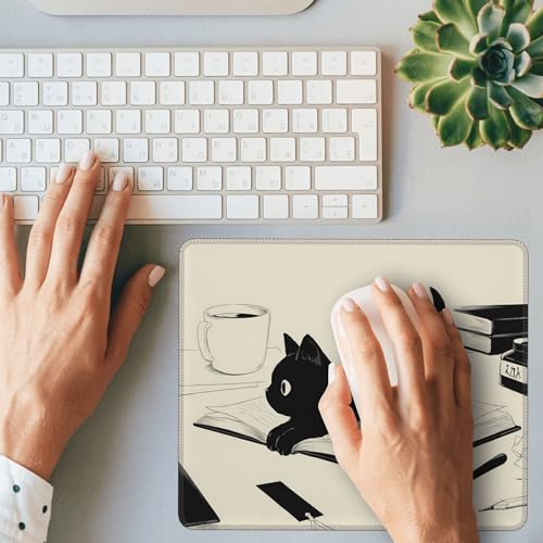 Black Cat Mouse Pad Cute Funny Square Mouse Pad Anti-Slip Rubber Kawaii Mousepad with Stitched Edgesfor Computer and Laptop Mouse Mat, Cute Desk Accessories, Office Decor, Desk Decor,Gift for Her