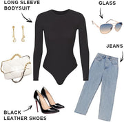 Body Women's Bodysuit High Elasticity Short Sleeve/Long Sleeve Top Crew Neck T-Shirt Thong - Black