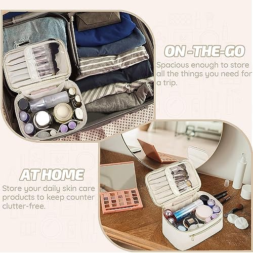 PawPawU Makeup Bag, Travel Cosmetic and Toiletry Organizer, Vegan Leather Waterproof Beauty Washbag with Handle to Keep Your Make up, Brushes, Skincare Products Organized (Beige)