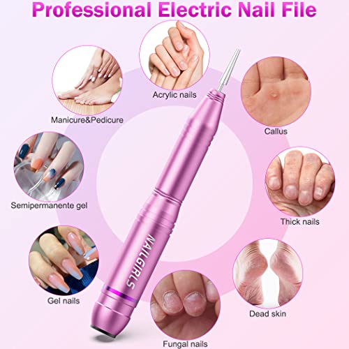 NAILGIRLS Electric Nail File, Portable Nail Drill USB 25000RPM Professional Nail Drill Machine for Acrylic Gel Nails Efile E File Manicure Pedicure Polishing Shape Tools for Home Salon Use (Pink)