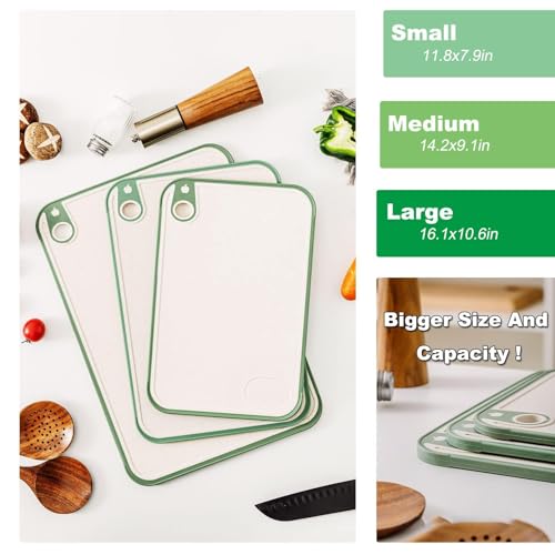 X spring Kitchen Chopping Board, Wheat Straw Cutting Board Set of 3, Non-Slip Cutting Sheets, Tool Kitchen Cook Supplies, Strap Hole Easy Hanging, Kitchen Cutting Board Set for Meat, Veggies, Fruits