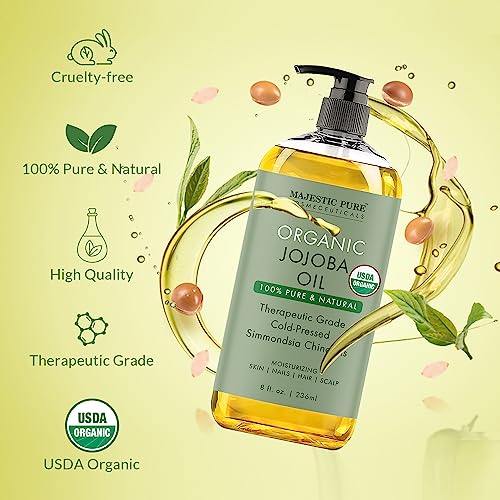 Majestic Pure Organic Jojoba Oil - Large 236 ML | 100% Pure and Natural, Cold-Pressed | Moisturizing for Skin Care, Massage, Hair Care, and to Dilute Essential Oils