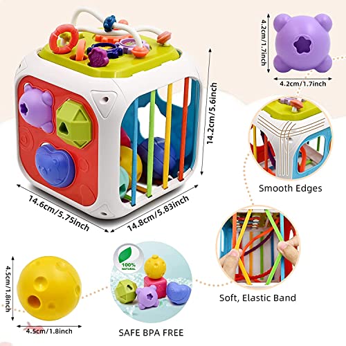 AM ANNA Baby Shape Sorting Toy, Montessori Sensory Activity Colorful Cube,7 in 1 Multifunction Educational Toys with Sensory Sorting Bin with Elastic Bands,Stacking Blocks for Ages 12 Months+