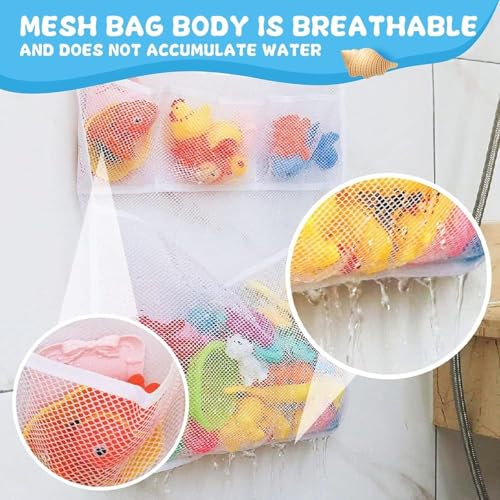 ALMEKAQUZ Mesh Bath Toy Organizer, Extra Durable Washable Mesh Baby Bath Toys Bag, Ultra Strong Anti Slip Hooks, Large Capacity Multi Use Bathroom Shower Bathtub Toy Storage Hangs Bag