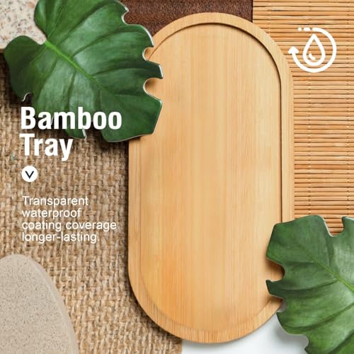 MOMEEMO White Soap Dispenser Bathroom Set, Bathroom Soap Dispenser Set with Glass Soap Dispenser, Bamboo Pumps & Tray. Soap and Lotion Dispenser Set Suitable for Bathroom Accessories Decor. (White)