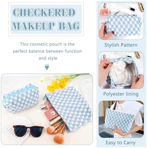 ZLFSRQ 3Pcs Checkered Makeup Bag for Women Large Cosmetic Bag Set Travel Toiletry Bag Makeup Pouch Bag for Purse Pink Zipper Storage Bag Organizer Cute Small Aesthetic Girls Car Essentials Bag