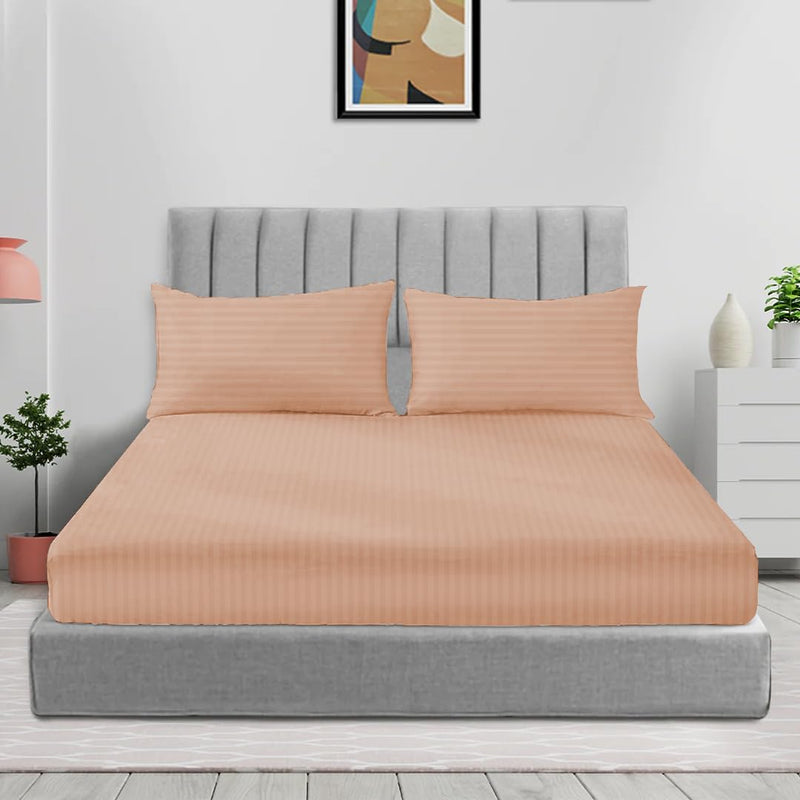 Sleep Well Microfiber Stripe Fitted Sheet with Pillowcase Set - 90x200+17cm (Beige) - Peach 200x200+17cm
