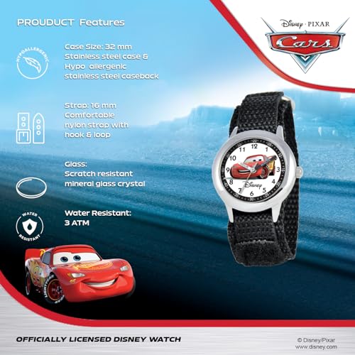 Disney Cars Kids' Stainless Steel Time Teacher Analog Quartz Nylon Strap Watch, CARS, NO SIZE, SS Kids