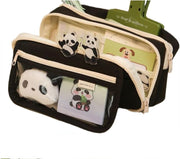 Panda Pencil Case, 10Pcs Cute Panda Pencil Case Large Capacity, Aesthetic Pencil Case, Pencil Pouch Cute With Zipper Preppy Pen Bag With 2 Gel Ink Pens, 2 Clips, 5 Stickers, Pin (Black) - Black