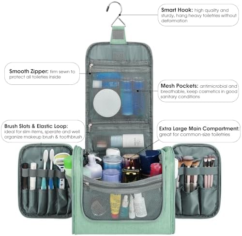 WANDF Large Hanging Toiletry Bag Travel Cosmetic Makeup Organizer Water-Resistant Shower Bathroom Bag for Women and Men (Dark Pink)