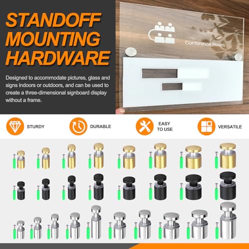 Rustark 12 Sets 3/4" x 1" Gold Stainless Steel Standoff Screws Advertising Mounting Hardware Wall Mount Glass Standoff Holder for Hanging Acrylic Signs Glass Panel Advertising (19mm Dia. x 25mm L.)