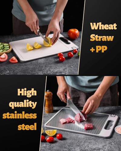 Stainless Steel Cutting Board for Kitchen ? Large 15×10 Inch, Double-Sided, Non-Slip, Scratch-Resistant Mesh Design with Juice Groove, Food-Grade Wheat Straw PP, Easy to Clean Chopping Board