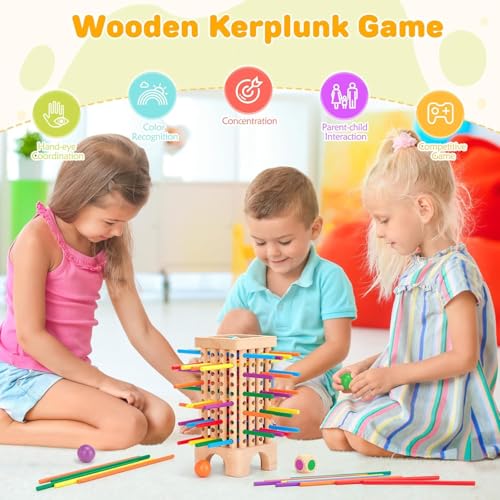 TOYBY Wooden Board Game Montessori Toys, 42 Colourful Sticks Dice Game Math Educational Toy, Family Fun Ball Dropping Game, 1 to 6 Players Fine Motor Skills Travel Games for 3 4 5 6 Years Old Boy Girl