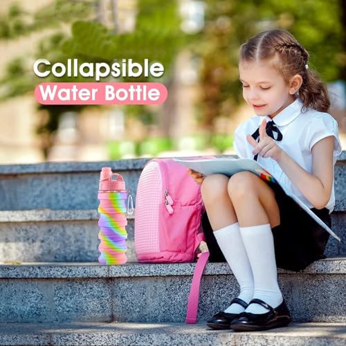 Collapsible Folding Water Bottles for Kids, Students, Adults, Reusable BPA Free Silicone Foldable Sports Water Bottles for Travel Camping Hiking, Pink