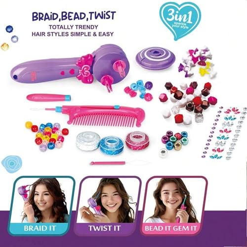 Taizz Ventures 3in1 Fashion Hair Braid, Bead & Twist Styling Kit for Girls, Ages 4 and Up ??Includes Beads, Hair Ties, Comb, Threader & More