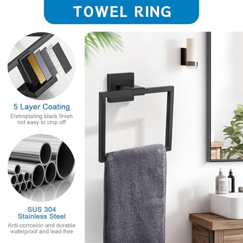 TNOMS 5 Pieces Bathroom Hardware Accessories Set Black Towel Bar Set Wall Mounted,Stainless Steel,23.6-Inch.