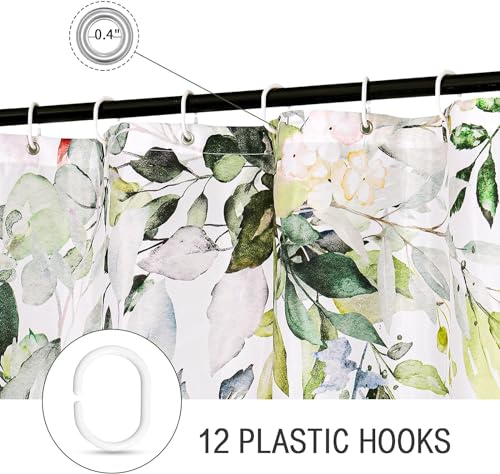 Green Eucalyptus Shower Curtain, Bathroom Curtain Waterproof Anti-Mold Fashion Curtain Watercolor Leaves on The Top Plant with Floral Bathroom Decoration Shower Curtain Sets (180 * 180CM) with Hooks