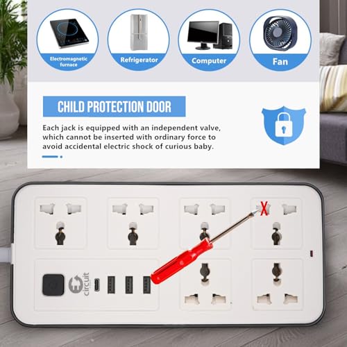 CIRCUIT GREEN Universal Extension Lead/Cord with Multiple Functions, UK 3-Pin Plug Socket with 6 Outlets | 3 USB Ports | 1 Type-C Cable Port, 2M Power Strip for Home, Kitchen, and Office (White)