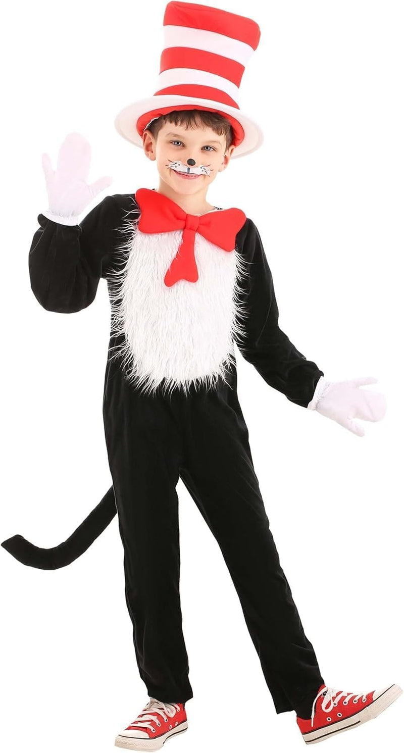 Kids Black and White Cat Costume Furry Jumpsuit with Red Hat, Bow Tie & Tail Unisex Halloween Outfit for Book Day & School Events