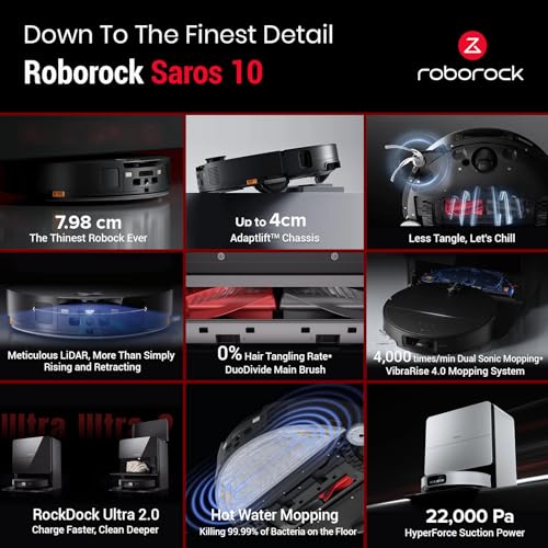Roborock Saros 10 Smart Robot Vacuum Cleaner and Mop, 22,000Pa Suction Power, Obstacle Detection, Tangle-Free Main Brush, Mop and Station Self-Cleaning with Hot Water and Pet Friendly (White)