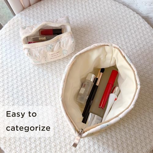 Sminra Floral Makeup Bag Large Cotton Quilted Cosmetic Makeup Bag Organizer, Aesthetic Portable Pouch Purse Toiletry Bag for Women Girls Travel accessories(Blue Floral-L)