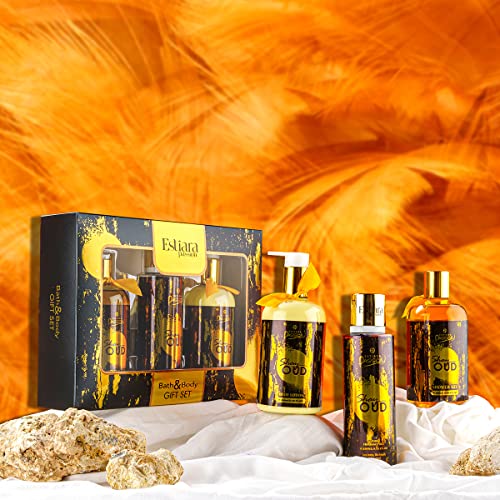 Estiara Passion Shay Oud Bath & Body Beauty Skincare 3 Piece Gift Set Red - Shay Oud Body Lotion 350ML - Shay Oud Shower Gel 350ML - Shay Oud Natural French Fragrance Mist 250ML