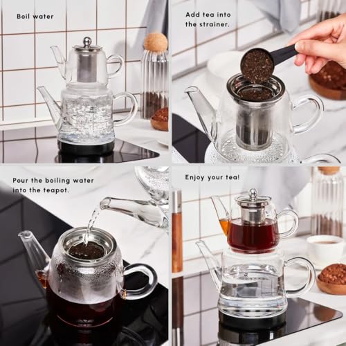 Karaca Dora Glass Teapot, 450 ml, Kettle 180 ml, Suitable for Gas and Electric Cooking Systems, Tea Maker, Caydanlik, and Teapot Set, Teapot