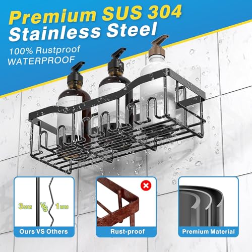 ZHUHAIRY 5 Pack Black Bathroom Organizer, Modern Stainless Steel Shower Wall Caddy, Corner Shelves for Shower Bathroom Storage, 20 KG Weight Capacity