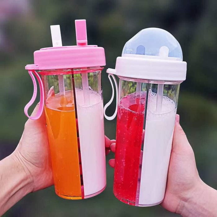 HALAYAYA Double Straw Water Cup Kids School Water Bottles Creative Water Cup One Cup of Two Different Drinks for Couple Outdoor Camping Travel 600ml (pink)