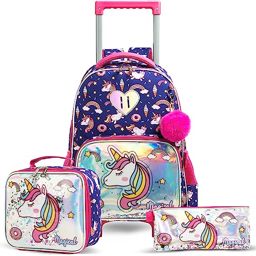 Eazy Kids - 16" Set of 3 Trolley School Bag Lunch Bag & Pencil Case Unicorn Chrome - Blue