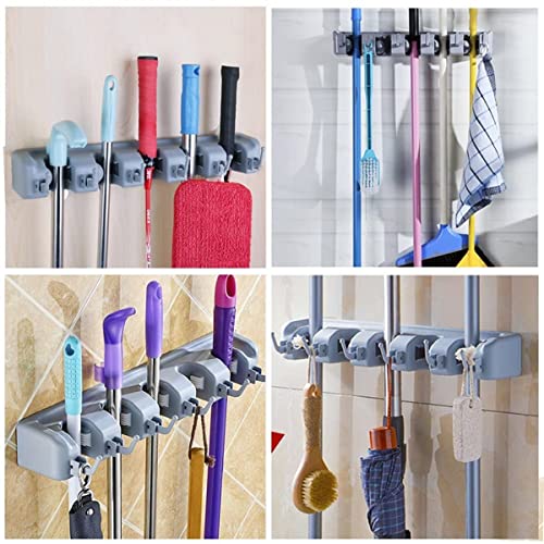 SKY-TOUCH Mop And Broom Holder, Wall Mounted Organizer Mop And Broom Saving Space Storage Rack For Kitchen Garden And Garage,Laundry Offices,5 Position With 6 Hooks
