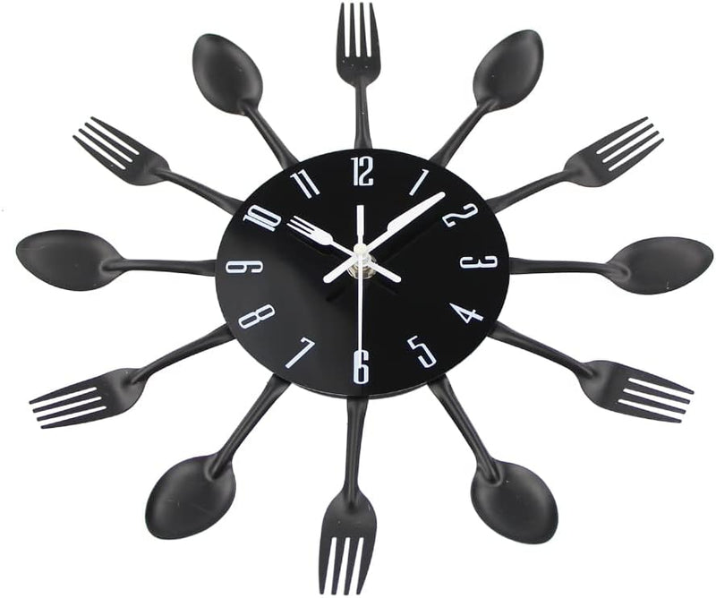 Timelike 3D Removable Modern Creative Cutlery Kitchen Spoon Fork Wall Clock Mirror Wall Decal Wall Sticker Room Home Decoration (Black)