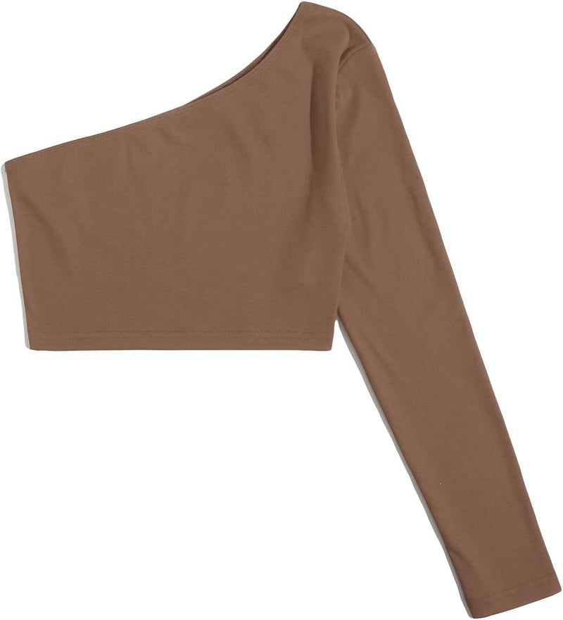 Women's One Off Shoulder Cropped T Shirts Long Sleeve Loose Casual Basic Tops - Coffee Brown