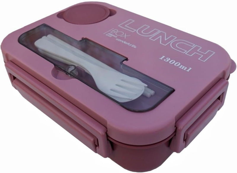Bento Box, 4 Compartments Lunch Box For Kids and Adults, 1300ml Leakproof Food Container, for School, Work, Picnics, Microwave Safe, Dark Green - Pink